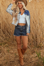 Hazel Blues® |  Dusk Blue Color Block Patchwork Flap Detail Distress Denim Jacket