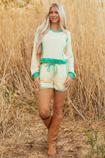 Hazel Blues® |  White Contrast Trim Colorblock Long Sleeve Pullover and Drawstring Shorts 2pcs Outfit