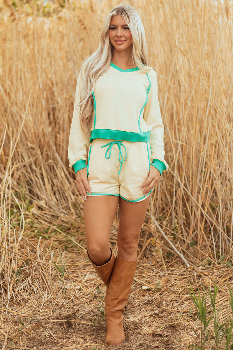 Hazel Blues® |  White Contrast Trim Colorblock Long Sleeve Pullover and Drawstring Shorts 2pcs Outfit