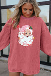 Hazel Blues® |  Strawberry Pink Santa Claus Sparkle Corded Crew Neck Sweatshirt