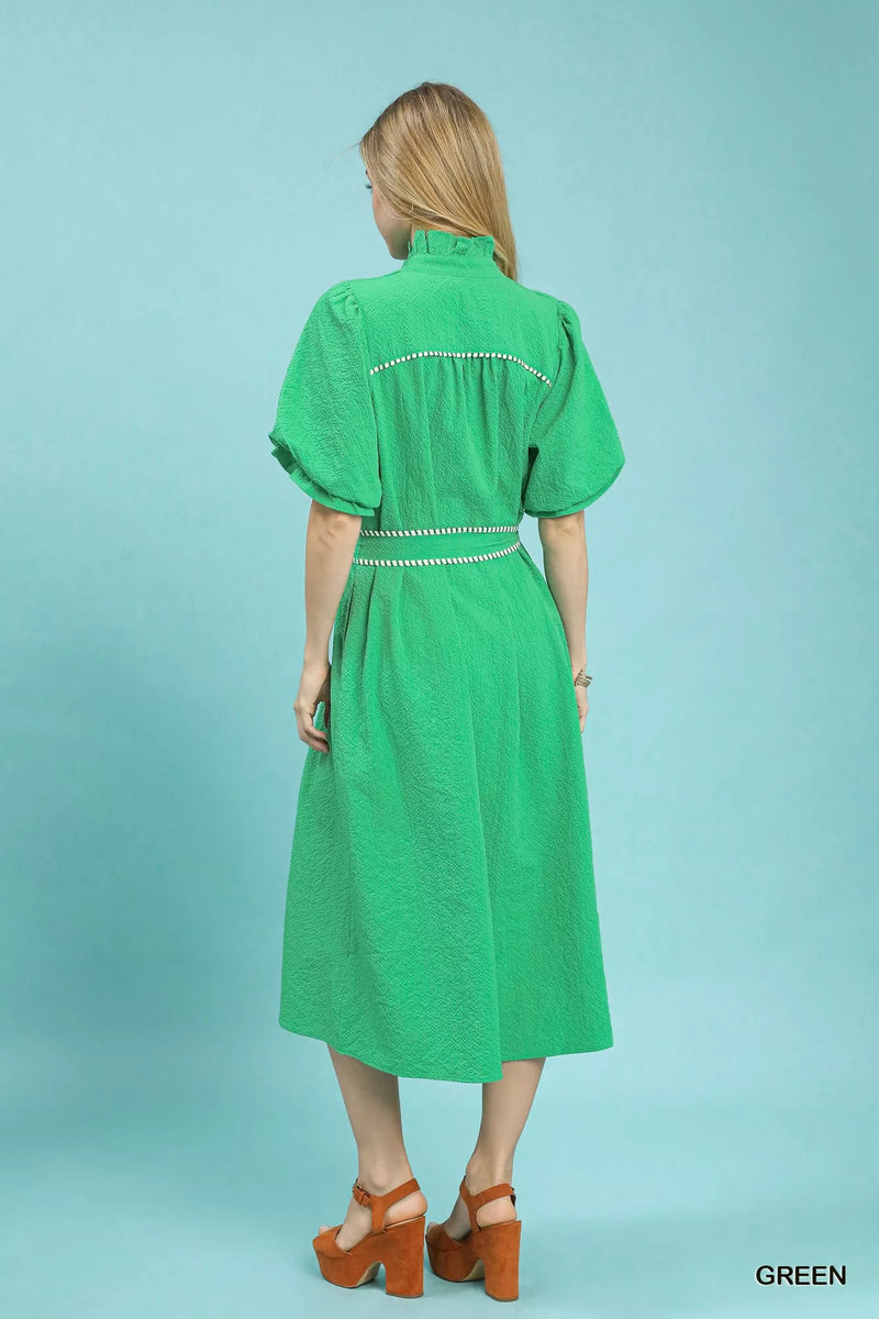 Hazel Blues | Umgee Ruffle Collar Midi Dress with Stripe Trim