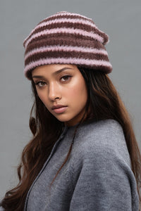 Hazel Blues® |  Fuzzy Contrast Striped Thermal Hat