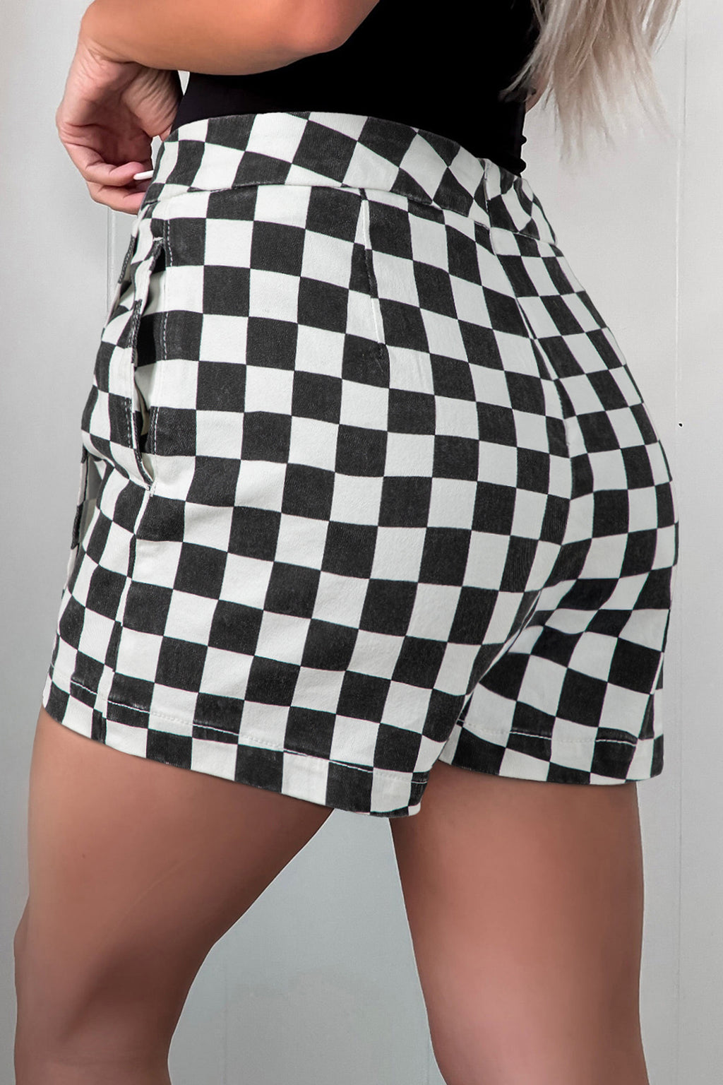 Black Checkered Print Overlap Denim Shorts