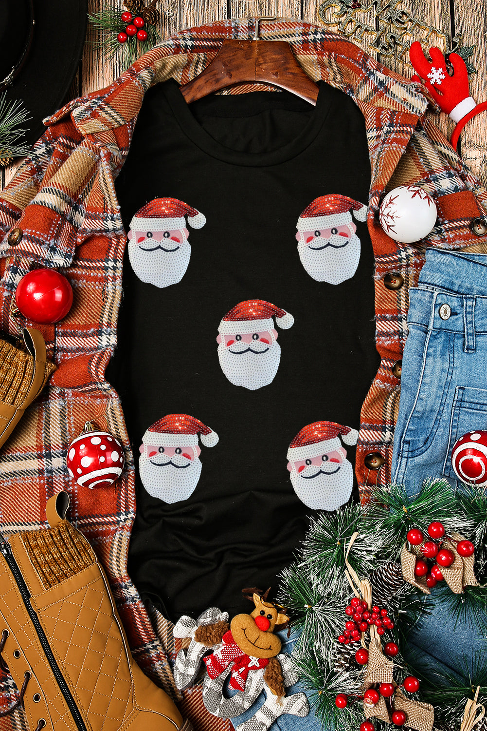 Hazel Blues® |  Black Faux Sequin Christmas Claus Pattern Crewneck T Shirt