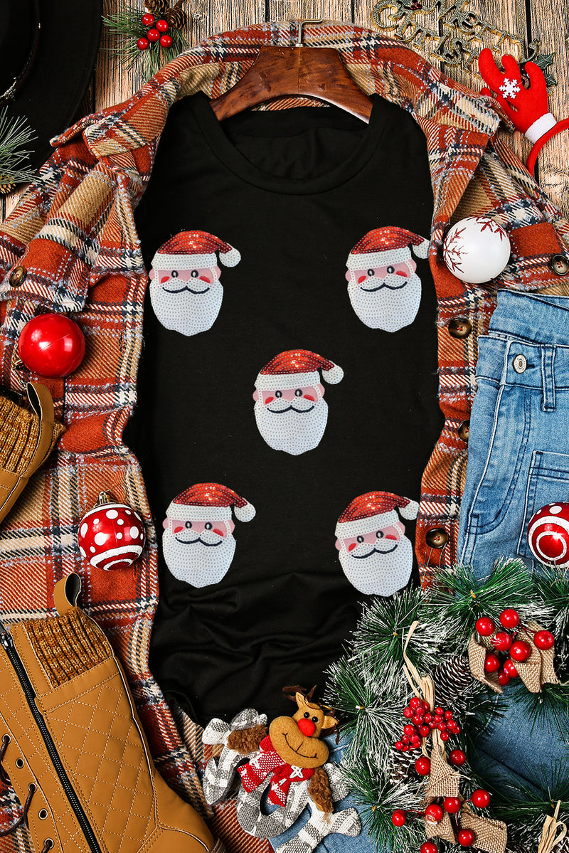 Hazel Blues® |  Black Faux Sequin Christmas Claus Pattern Crewneck T Shirt