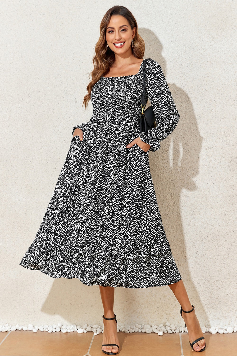 Hazel Blues® |  Printed Square Neck Long Sleeve Midi Dress