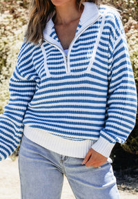 Hazel Blues® |  Striped Half Zip Mock Neck Long Sleeve Sweater