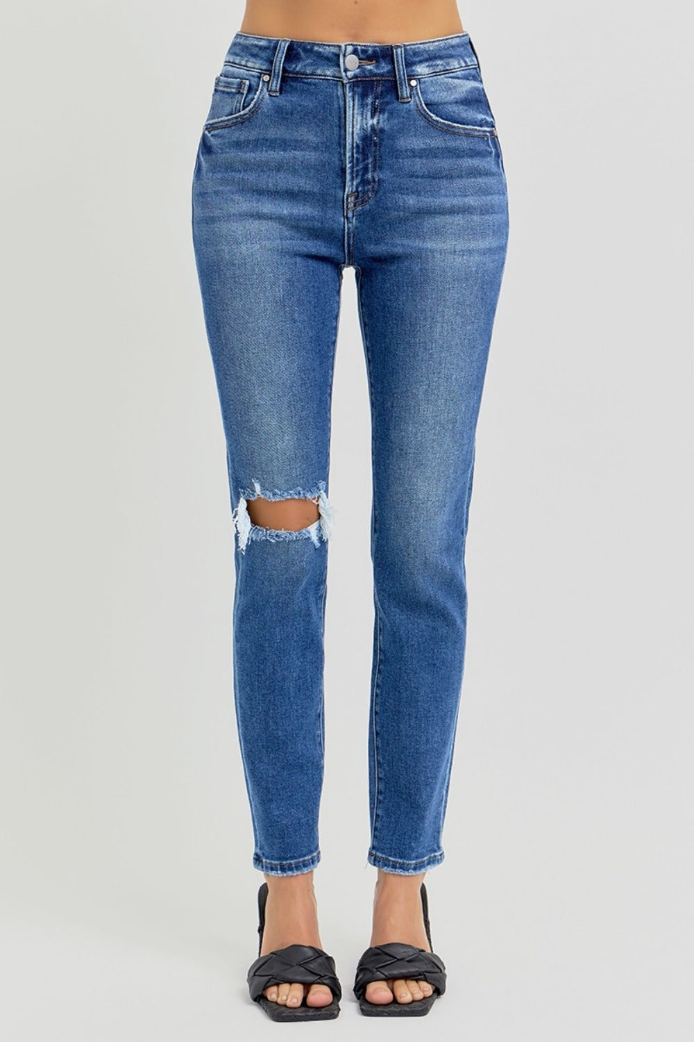 Hazel Blues® |  RISEN High Rise Ankle Skinny Knee Distressed Jeans