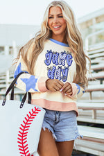 Hazel Blues® |  Beige Game Day Graphic Starry Patched Sleeve Contrast Trim Casual Sweatshirt
