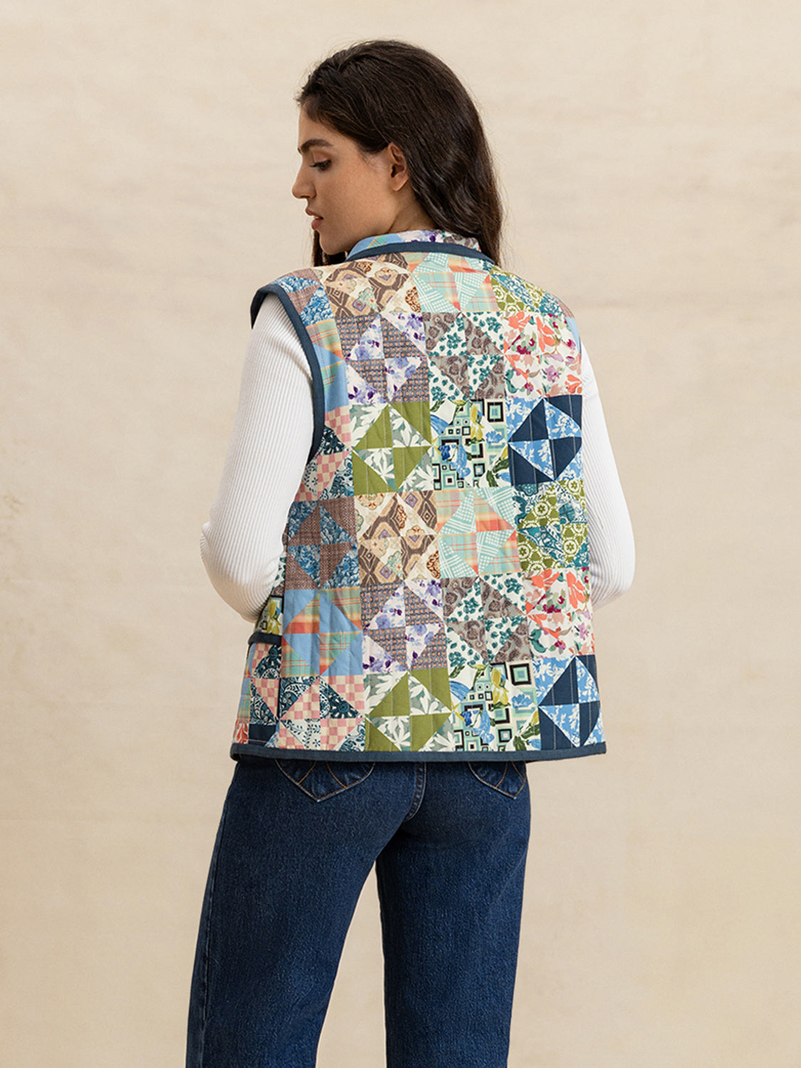 Hazel Blues® |  Printed Patchwork Contrast Piping Vest