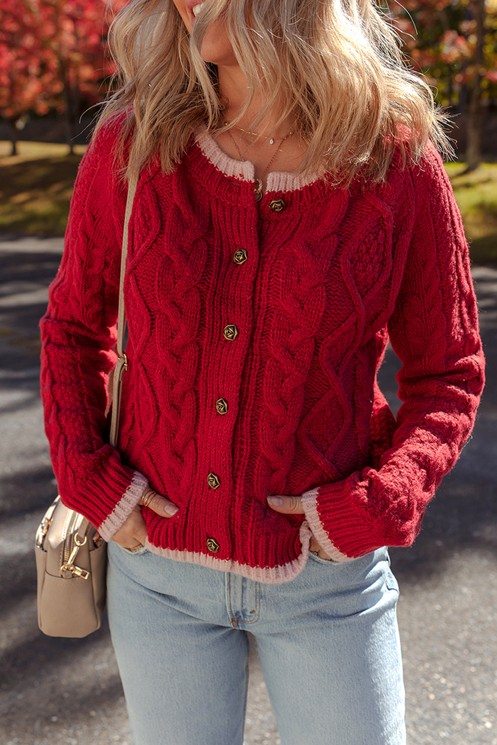 Hazel Blues® |  Racing Red Color Contrast Edge Cable Knit Buttoned Cardigan