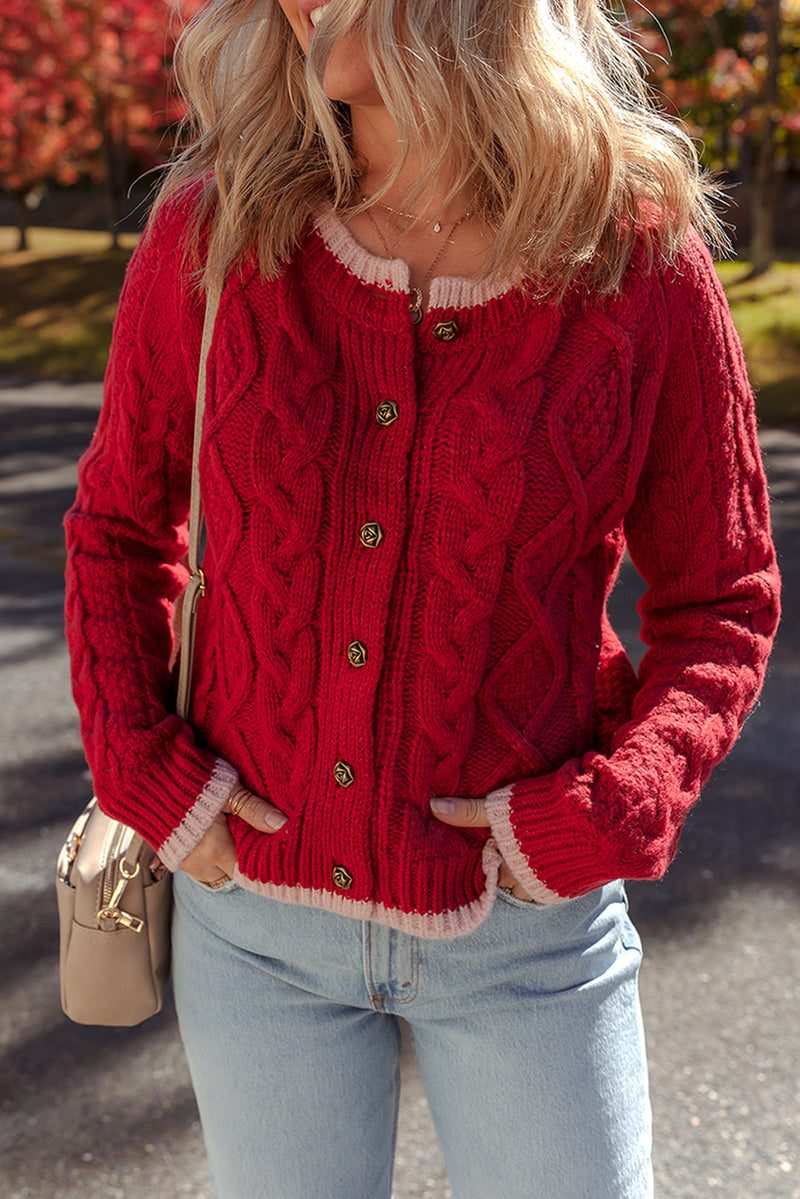 Hazel Blues® |  Racing Red Color Contrast Edge Cable Knit Buttoned Cardigan
