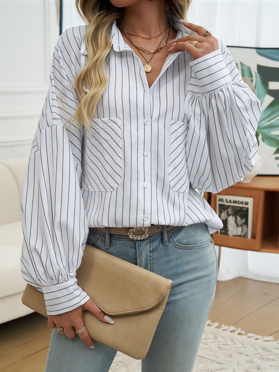 Hazel Blues® |  Striped Collared Neck Long Sleeve Shirt