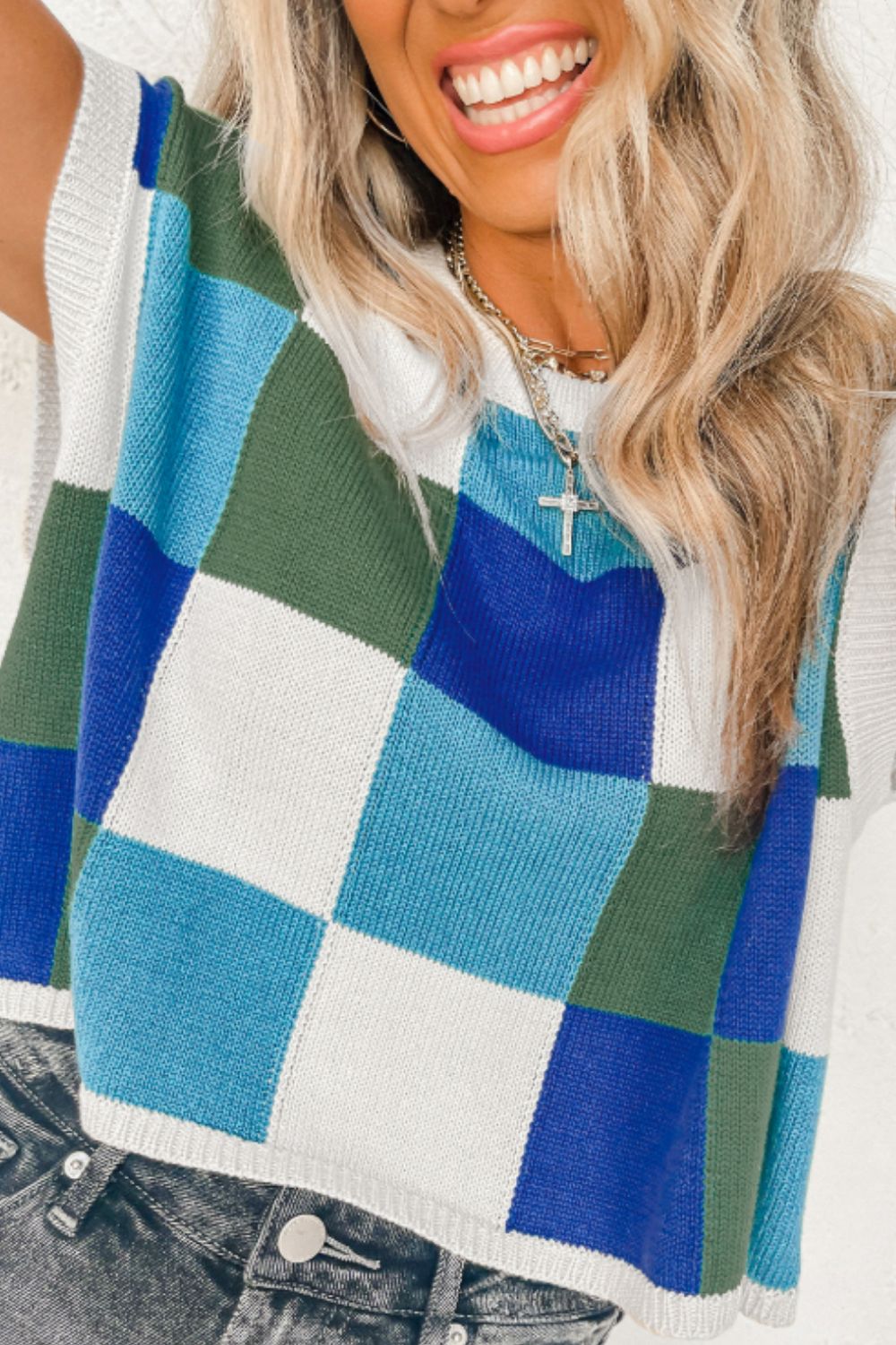 Hazel Blues® |  Contrast Plaid Round Neck Cap Sleeve Sweater