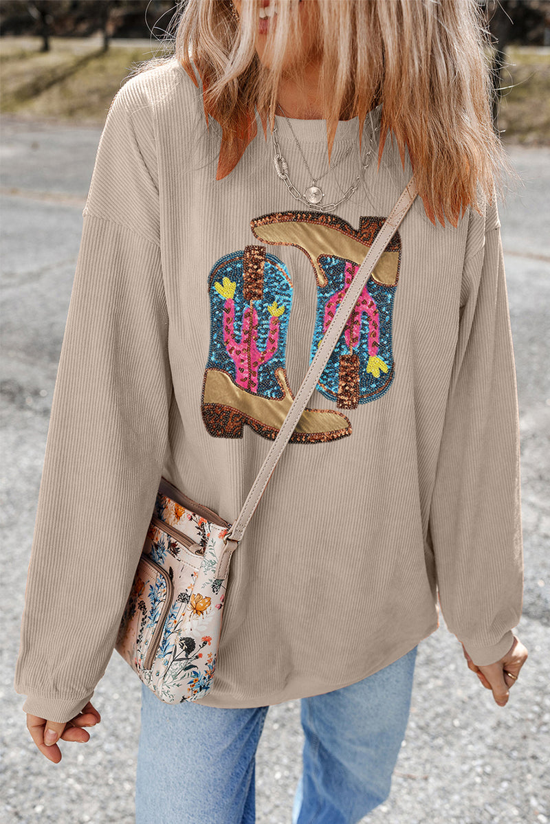 Hazel Blues® |  Smoke Gray Western Cowboy Boots Graphic Corded Loose Sweatshirt