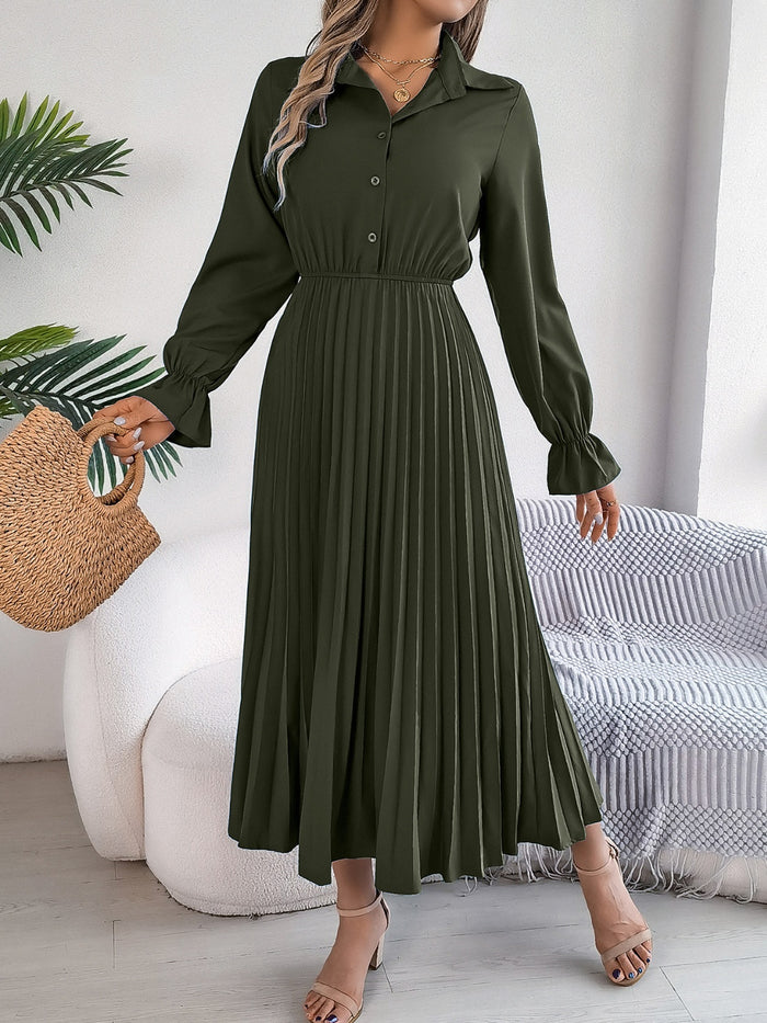 Hazel Blues® |  Pleated Half Button Long Sleeve Midi Dress