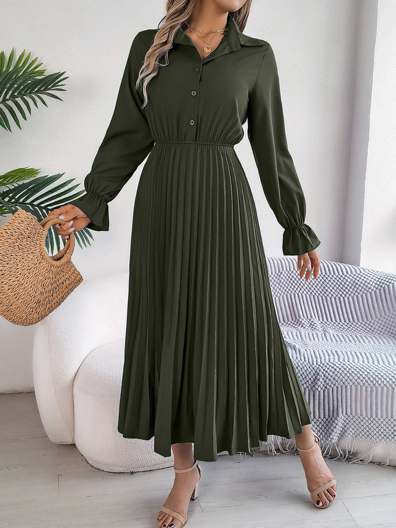 Hazel Blues | Pleated Half Button Long Sleeve Midi Dress Hazel Blues | Pleated Half Button Long Sleeve Midi Dress