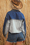 Hazel Blues® |  Dusk Blue Color Block Patchwork Flap Detail Distress Denim Jacket