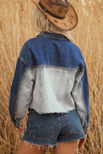 Hazel Blues® |  Dusk Blue Color Block Patchwork Flap Detail Distress Denim Jacket