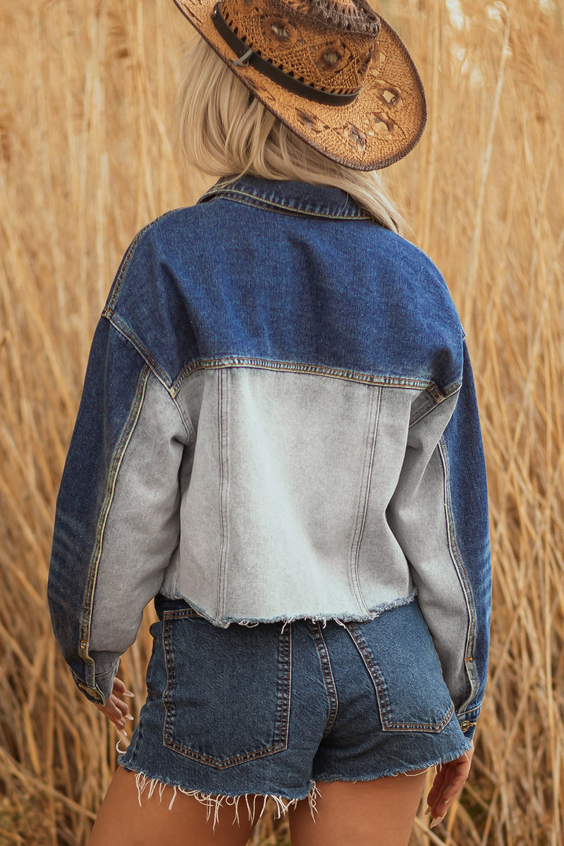 Hazel Blues® |  Dusk Blue Color Block Patchwork Flap Detail Distress Denim Jacket
