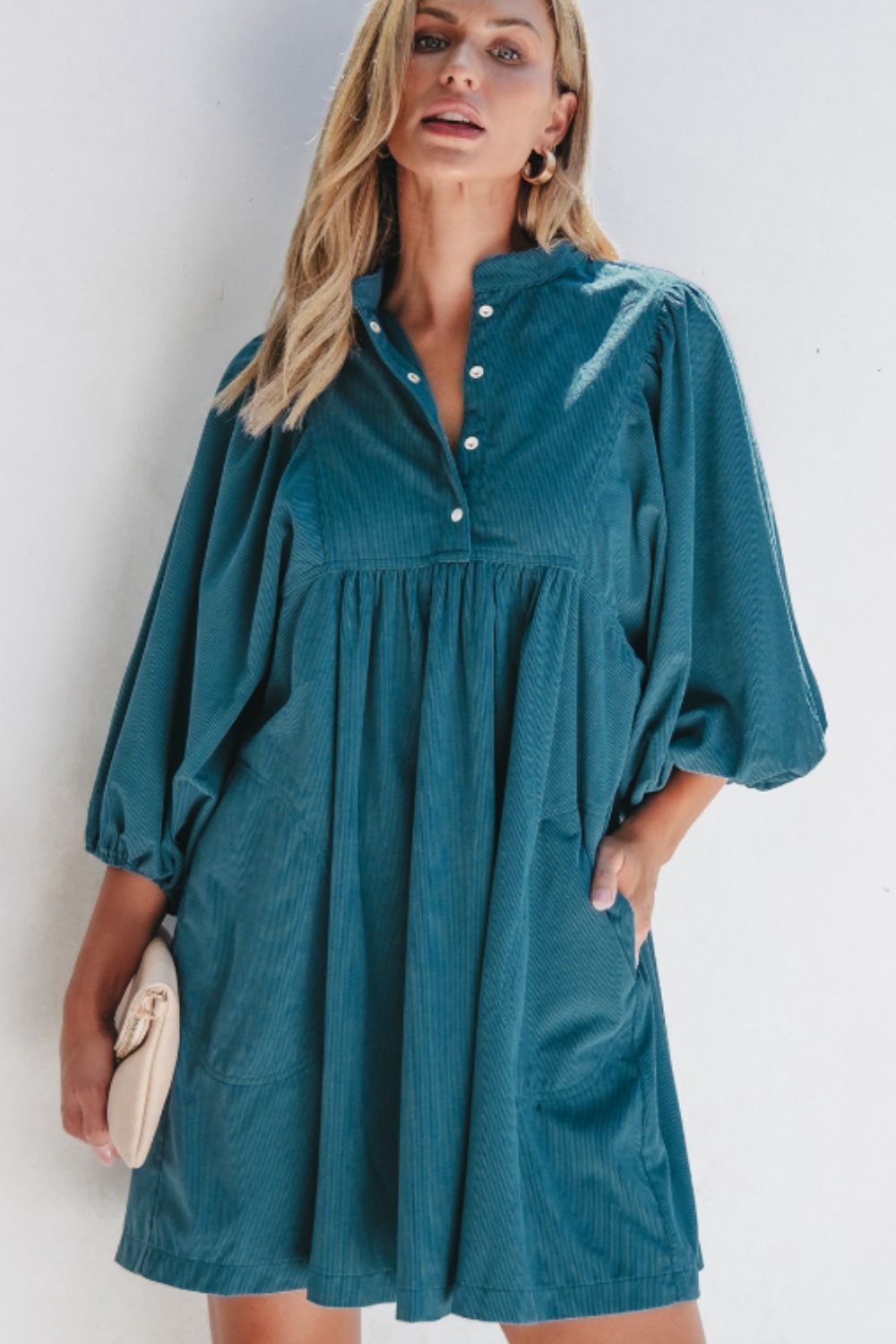 Hazel Blues® |  Corduroy Quarter Snap Three-Quarter Sleeve Dress