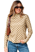 Hazel Blues® |  Khaki Check Pattern Turtleneck Ribbed Slim Long Sleeve Tee