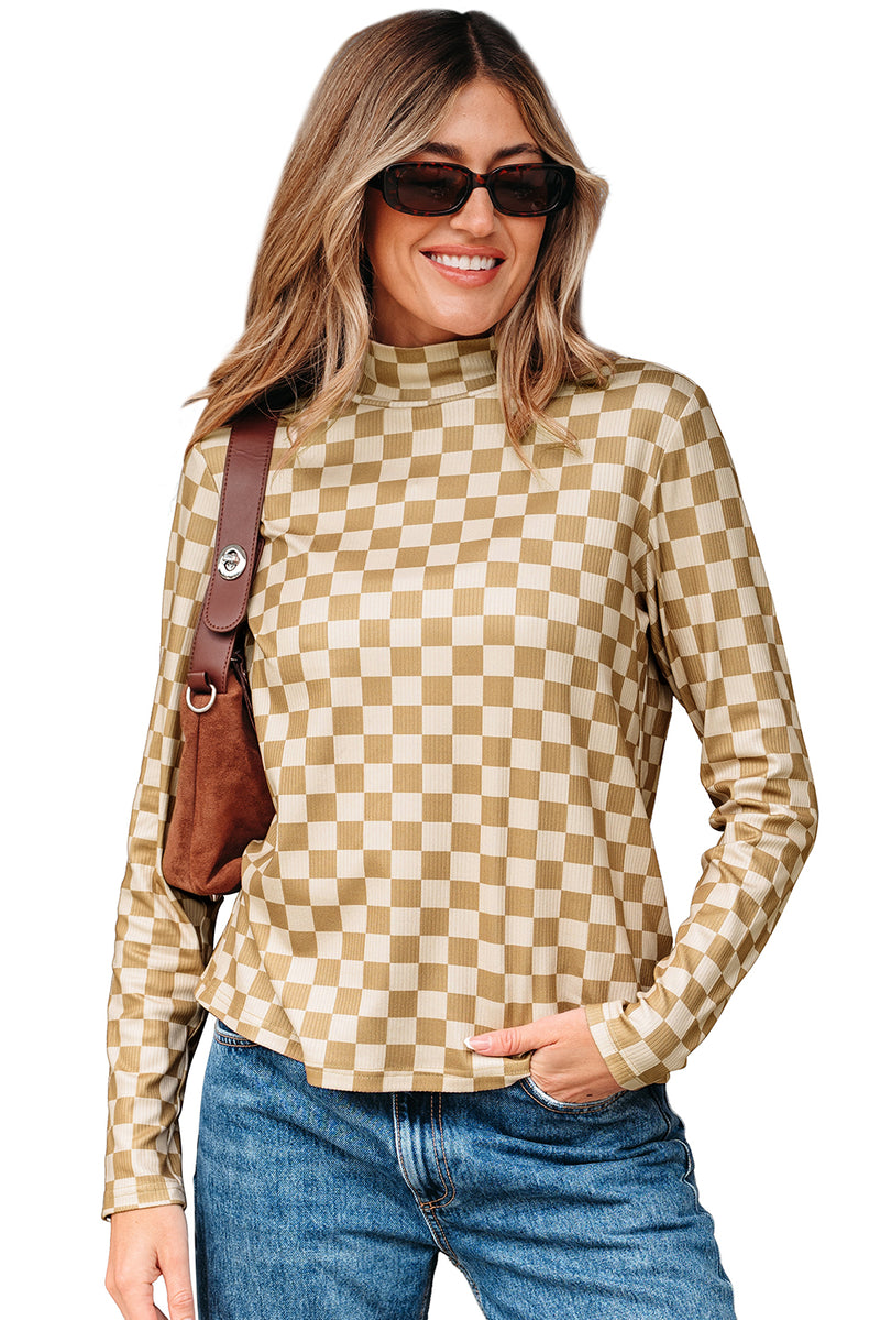 Hazel Blues® |  Khaki Check Pattern Turtleneck Ribbed Slim Long Sleeve Tee