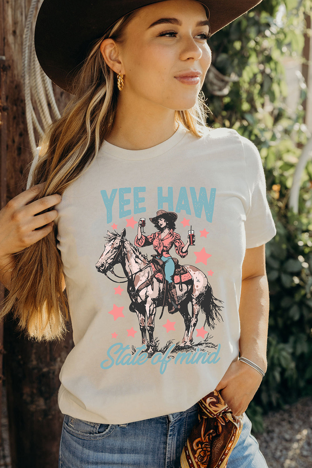 Hazel Blues® |  White YEE HAW State of mind Cowgirl Graphic Western Fashion Tee