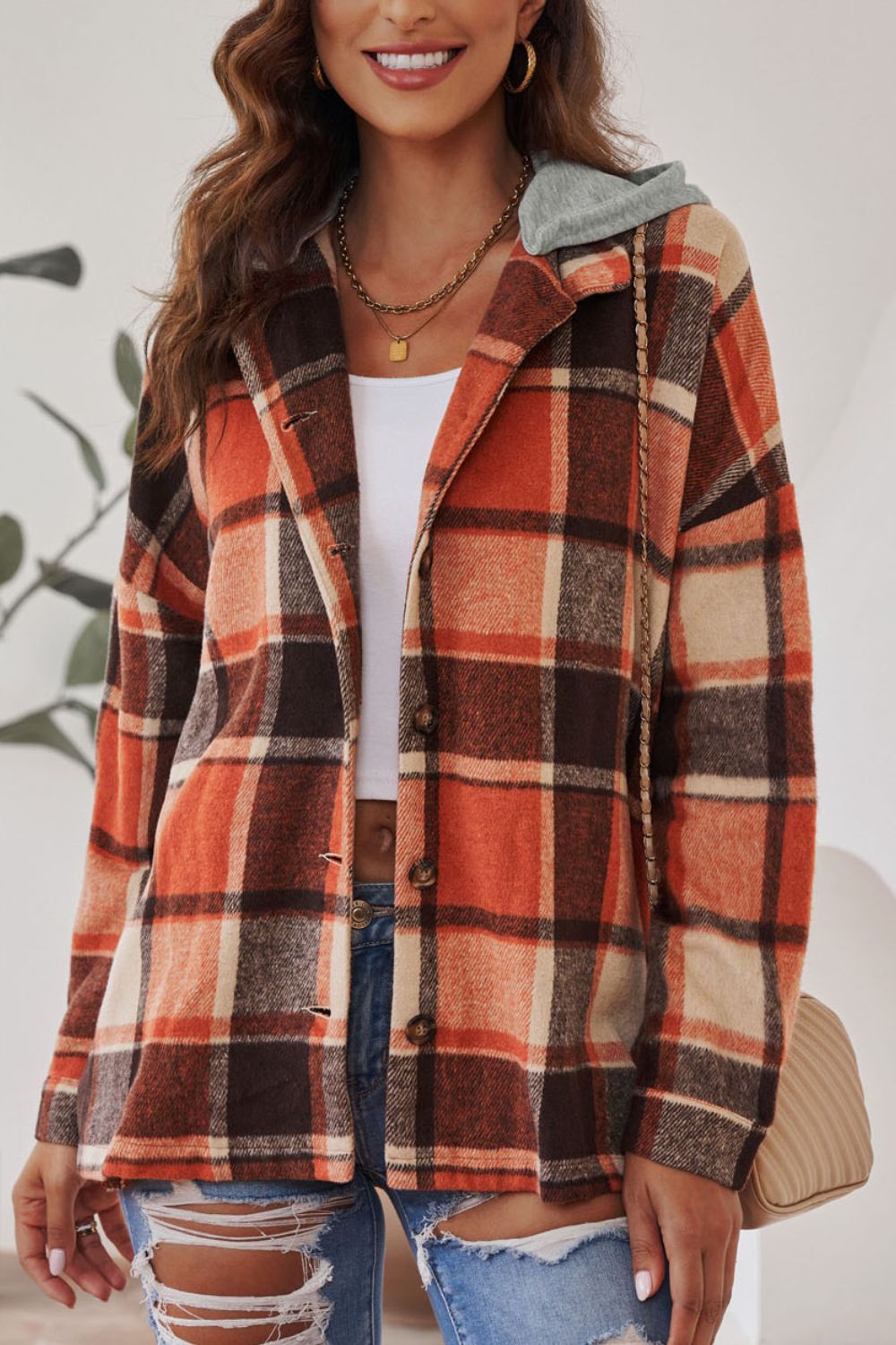 Hazel Blues® |  Plaid Button Up Hooded Shacket