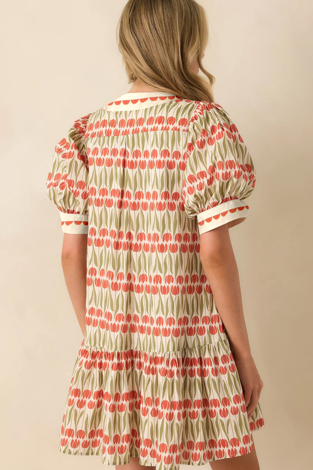 White Tulip Floral-Print Cotton Puff Short-Sleeve Mini Dress