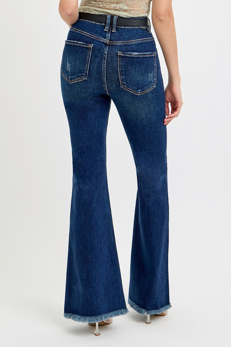 Hazel Blues® |  RISEN Tummy Control Frayed Hem Flare Jeans