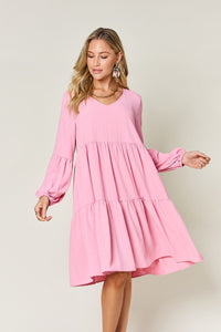 Hazel Blues® |  Double Take V-Neck Balloon Sleeve Tiered Dress with Pockets