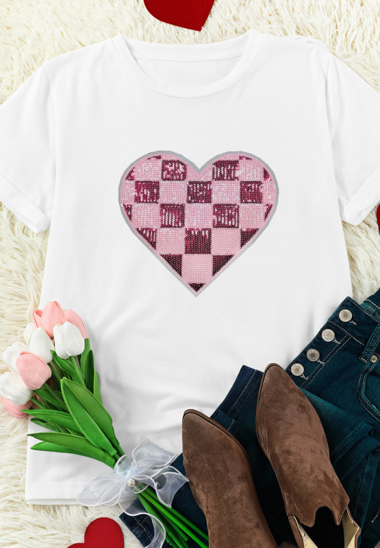 Hazel Blues® |  Sequin Checkered Heart Round Neck Short Sleeve T-Shirt