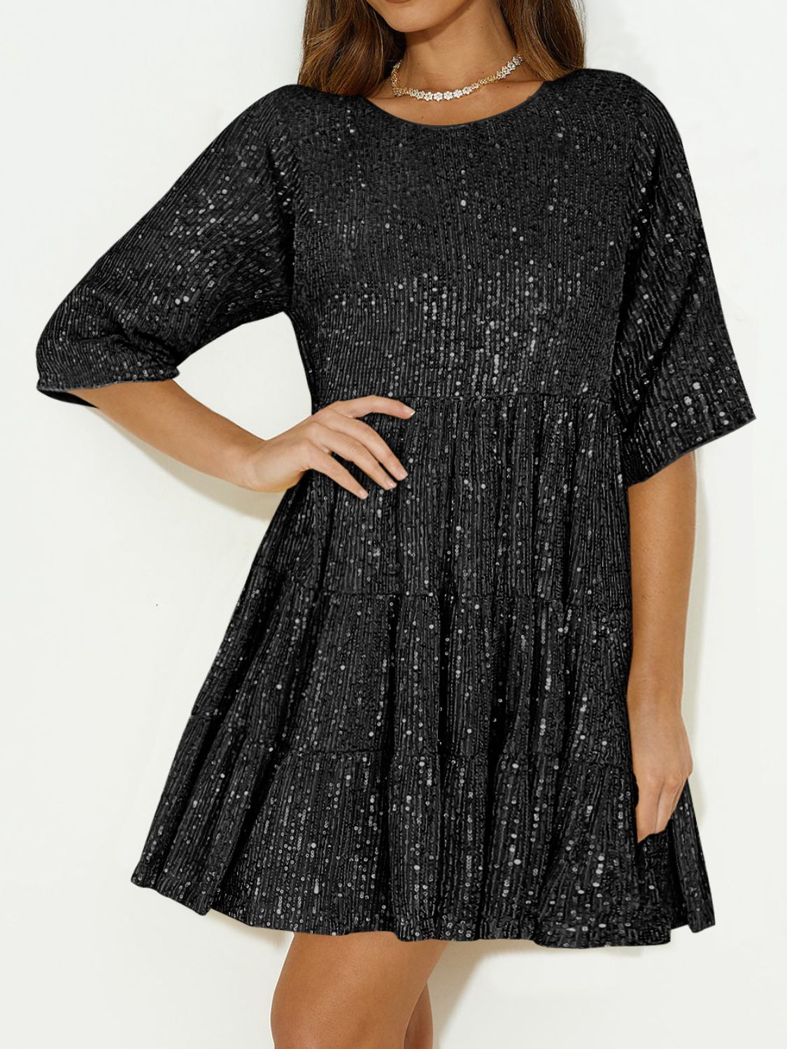 Hazel Blues® |  Sequin Round Neck Half Sleeve Mini Dress