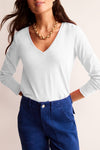 Hazel Blues® |  White Solid Color V Neck Long Sleeve Stretchy Top