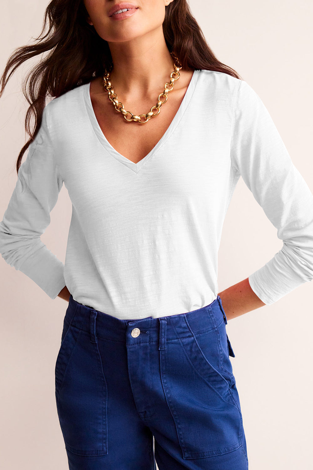 Hazel Blues® |  White Solid Color V Neck Long Sleeve Stretchy Top