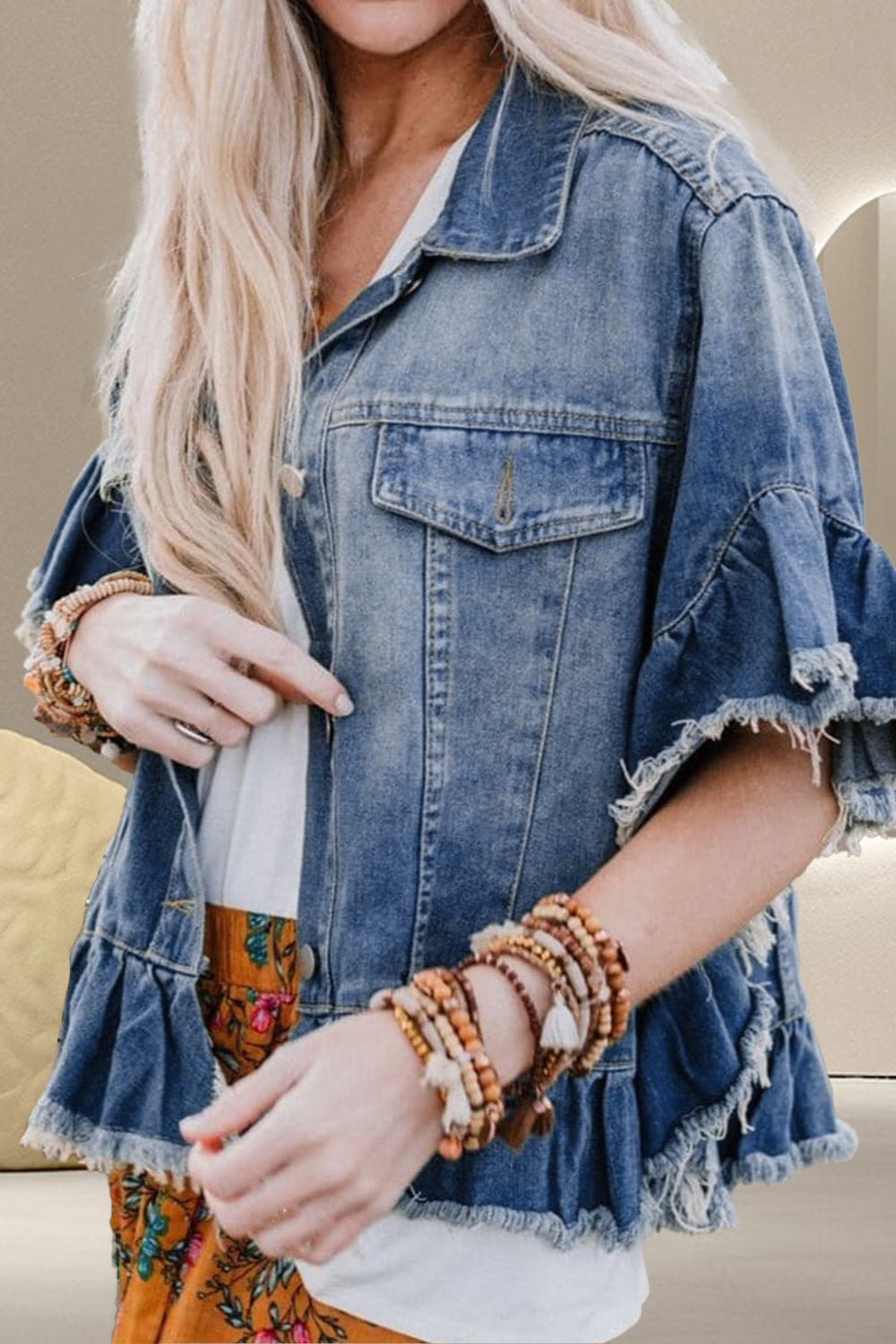 Hazel Blues® |  Ruffled Raw Hem Half Sleeve Denim Top