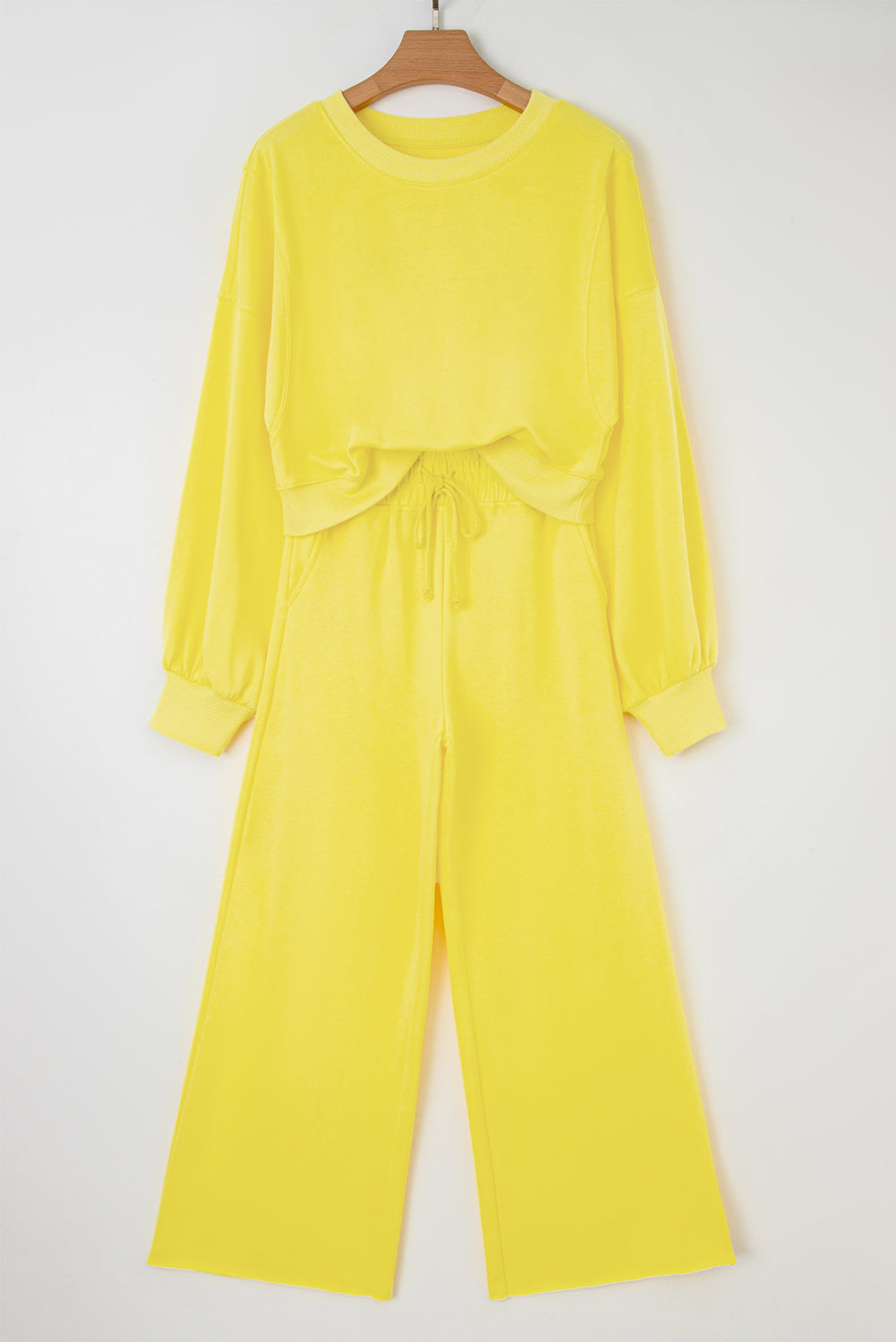 Hazel Blues® |  Yellow Cream Drop Shoulder Puff Sleeve Crop Pullover Drawstring Wide Leg Pants Set