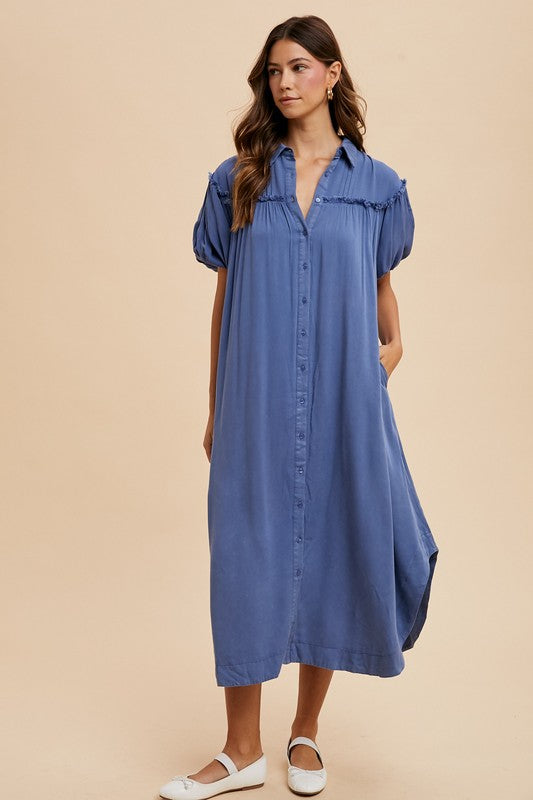 Hazel Blues® |  Annie Wear Mineral Washed Button Down Puff Sleeve Shirt Dress