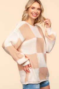 Hazel Blues® |  Haptics Checkered Round Neck Drop Shoulder Sweater