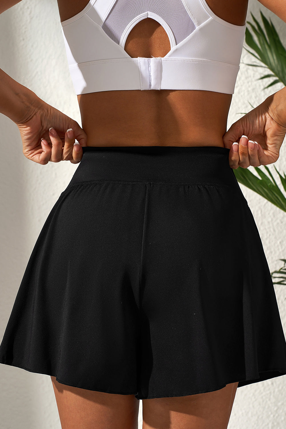 Black Solid Color High-Waist Wide-Leg Swim Bottom