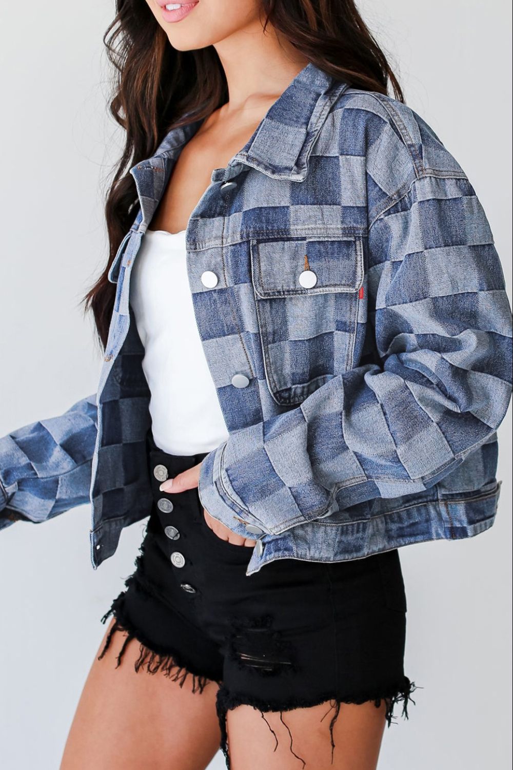 Hazel Blues® |  Checkered Button Up Denim Jacket