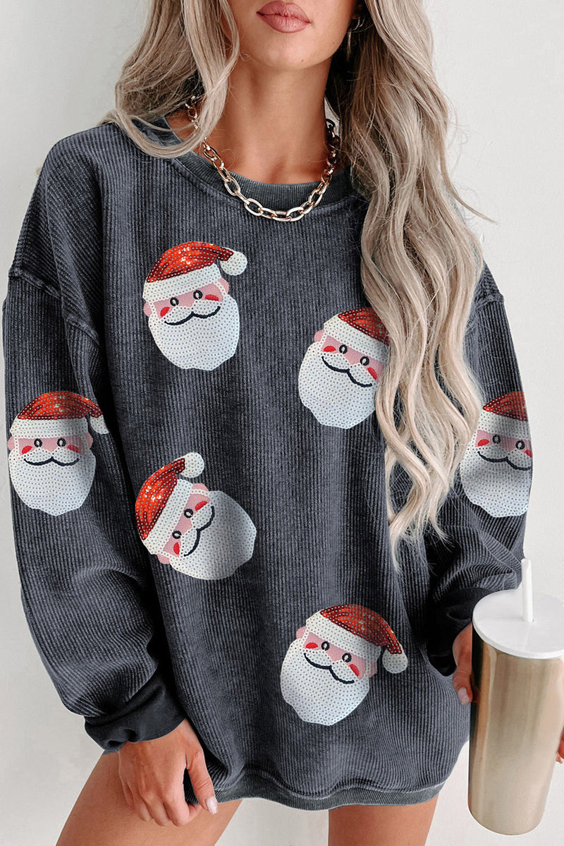 Hazel Blues® |  Gray Sequined Santa Claus Corded Christmas Sweatshirt