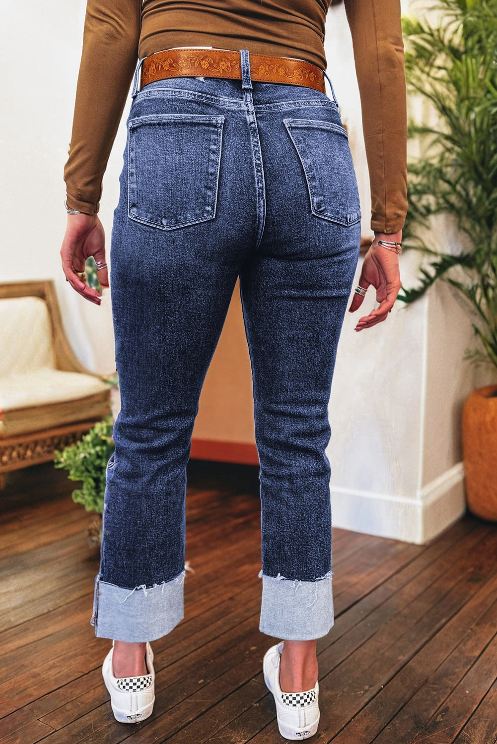Real Teal Cuffed Distressed High-Rise Straight-Leg Jeans