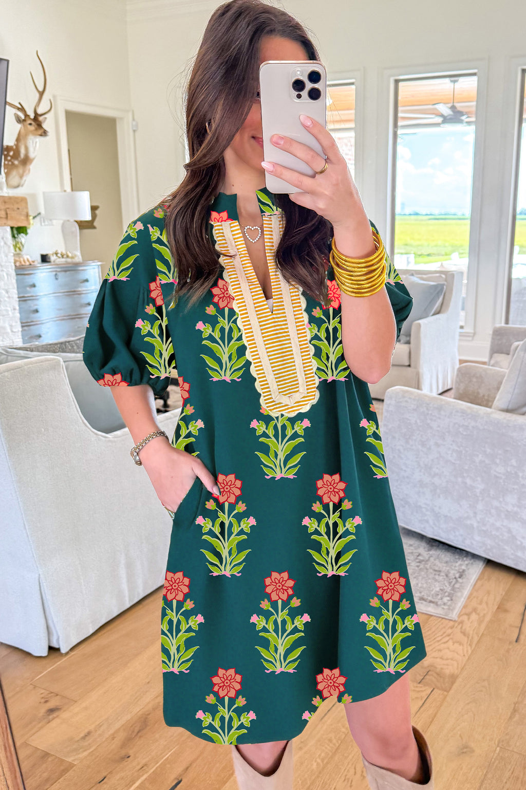 Hazel Blues® |  Green Floral Print Contrast Trim Striped Patchwork Short Sleeve Dress