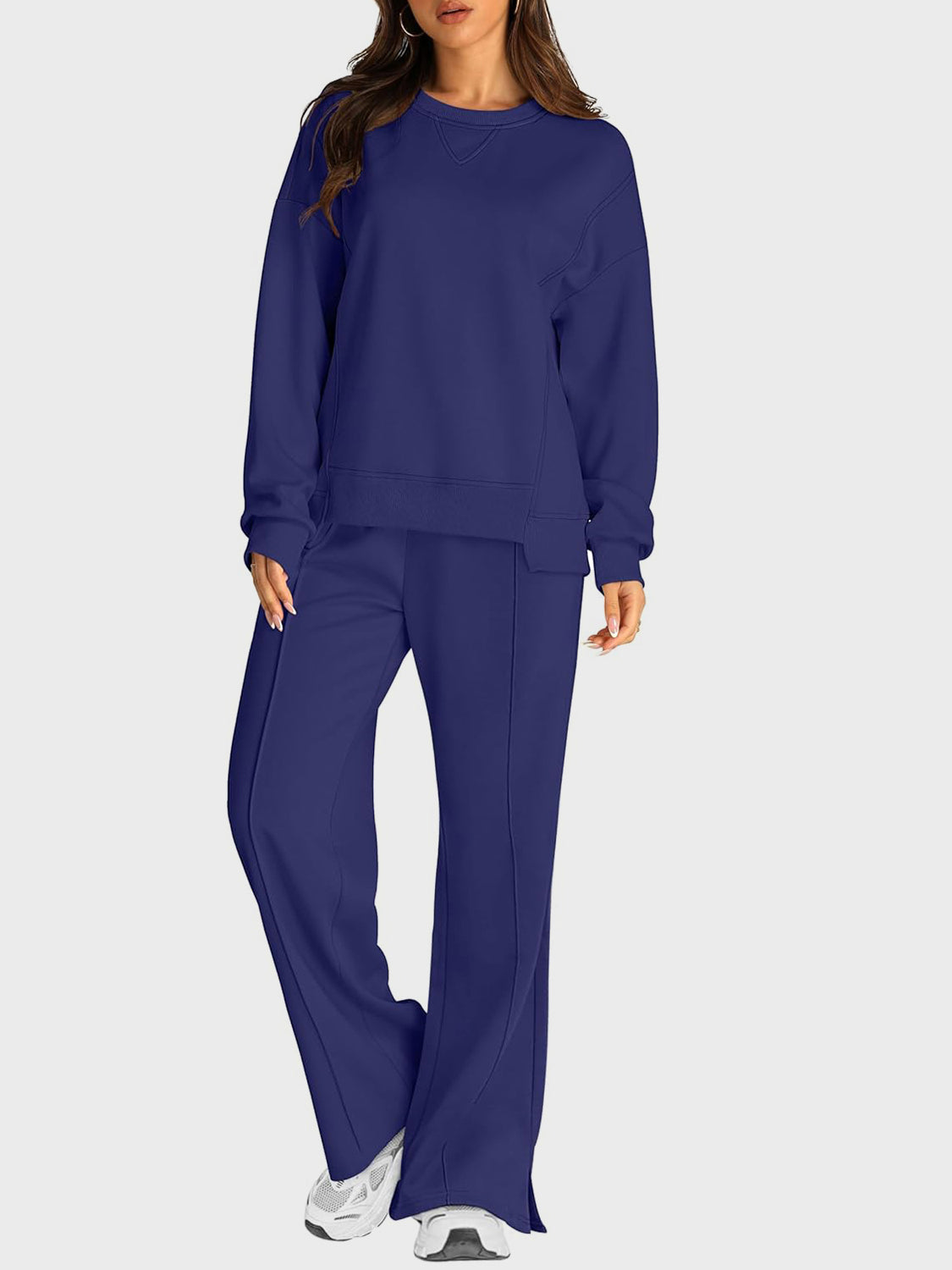 Hazel Blues® |  Round Neck Long Sleeve Top and Slit Pants Set