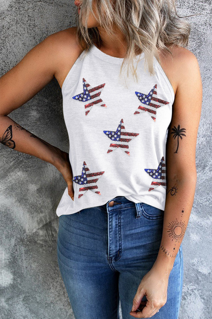 Hazel Blues® |  Sequin US Flag Star Grecian Neck Tank