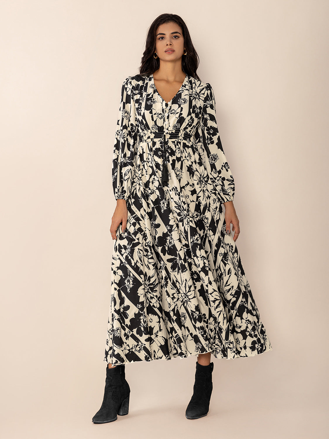 Hazel Blues® |  Tied Printed V-Neck Long Sleeve Midi Dress