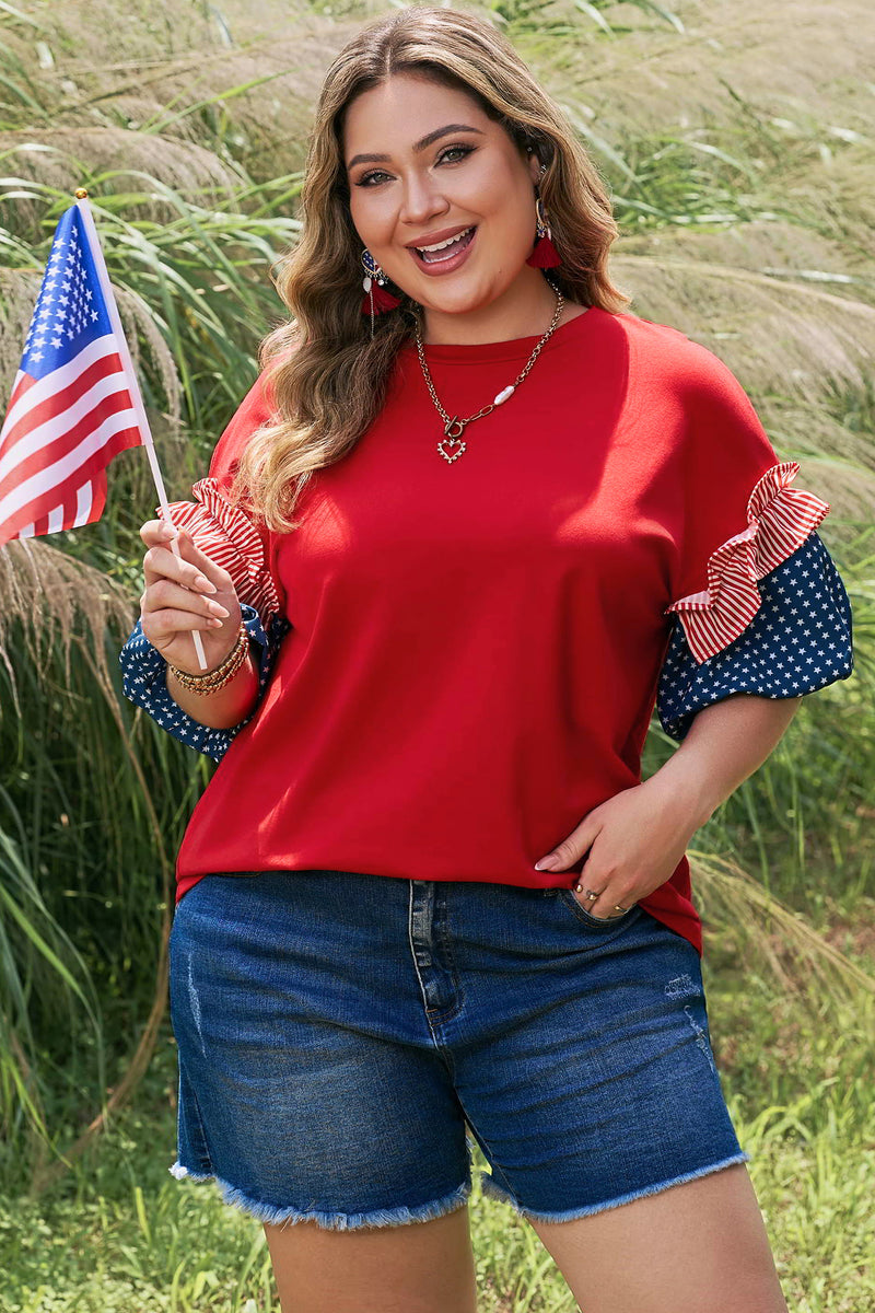 Fiery Red Plus Size Striped Ruffles Star Short Bubble Sleeve