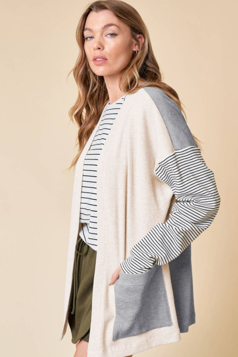 Hazel Blues® |  Open Front Long Sleeve Striped Cardigan with Pockets